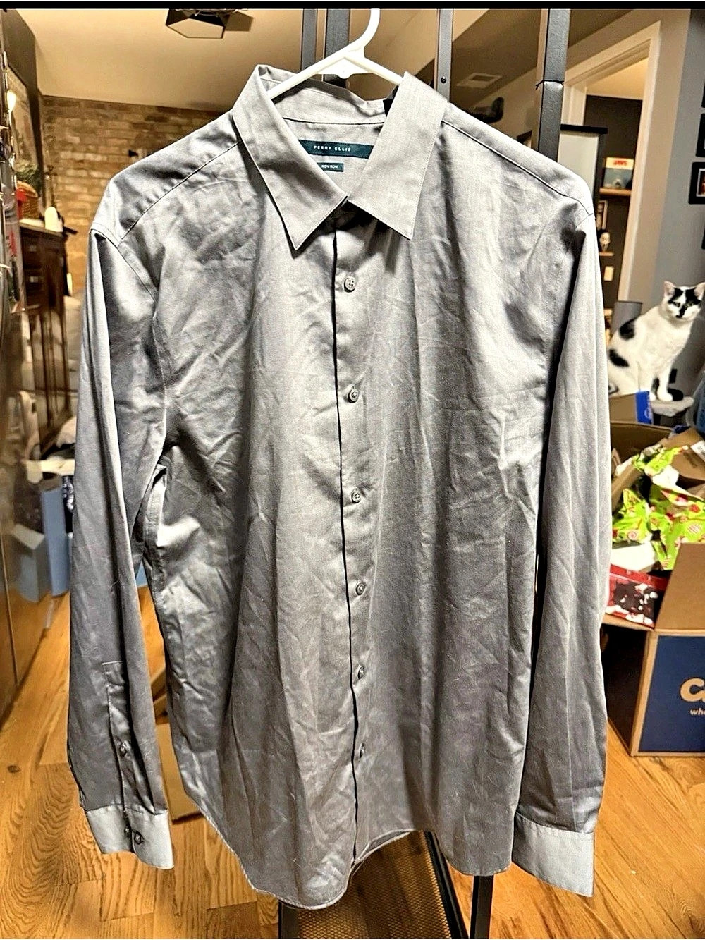 Perry Ellis Men's Cotton Dress Shirt Gray Large